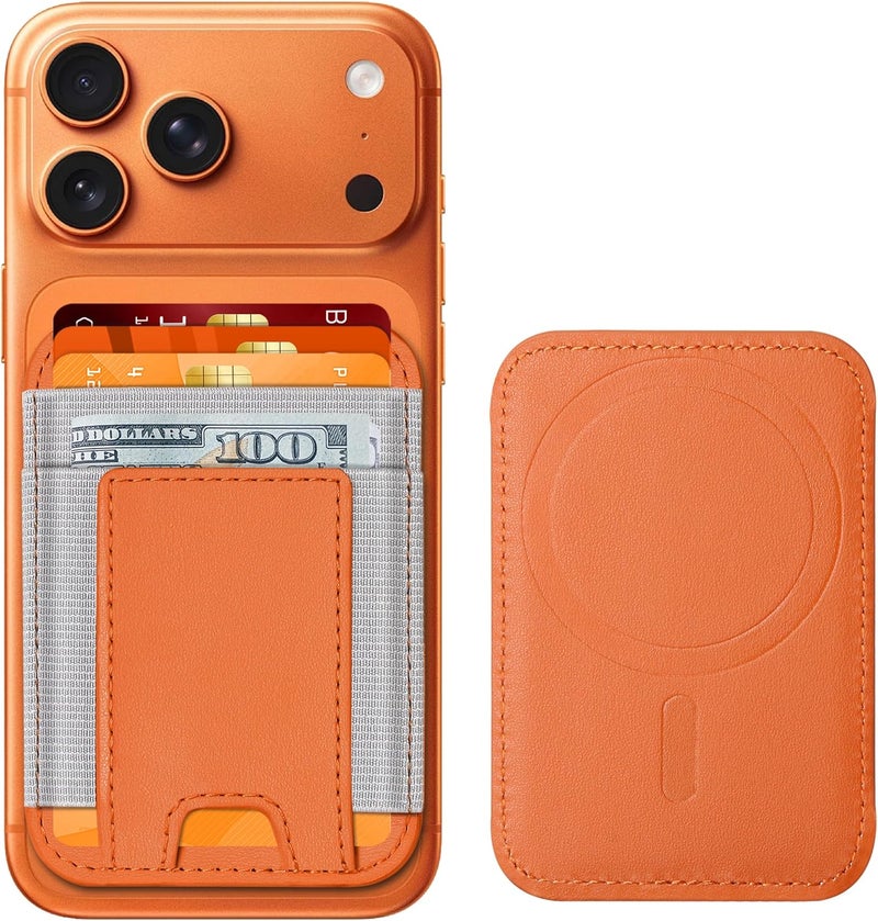 ExtreLife Upgraded for Magsafe Wallet, Stronger Magnetic Wallet for iPhone 17/16/15/14/13/12 Series, for iPhone Magsafe Wallets, Vegan Leather, Fit 7 Cards, Orange+Gray - Image 1